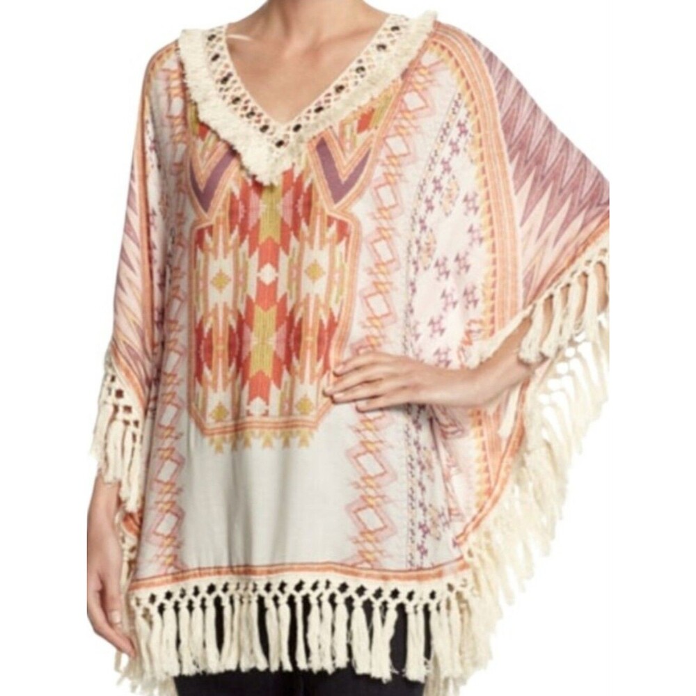 Hiche Tassled Boho Aztec Style Poncho Blouse